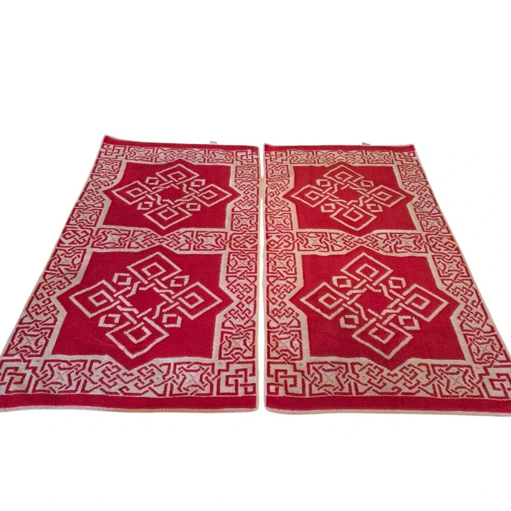Montgomery Ward Style House Vintage Red White Geometric Towel Set 3pc 1960s/70s